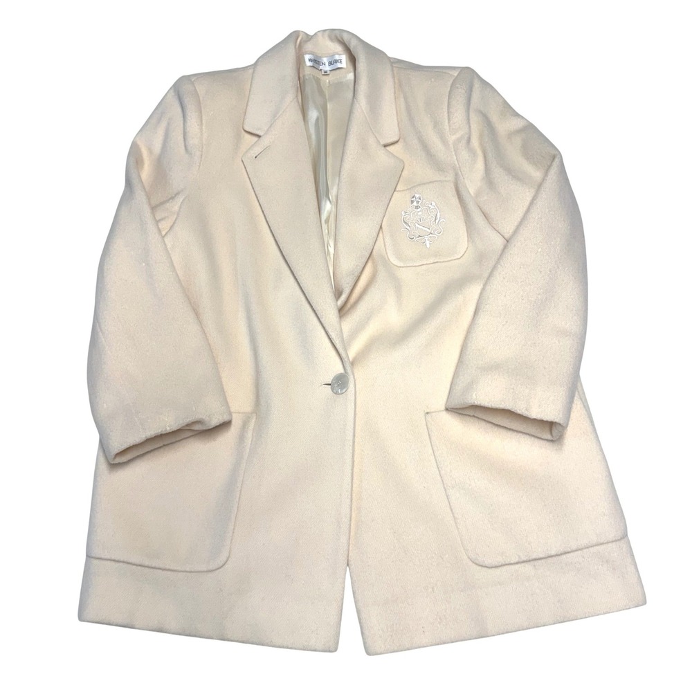 Kristen Blake Vintage Cream Wool Blend Crest Blazer Jacket Womens Size 16 USA